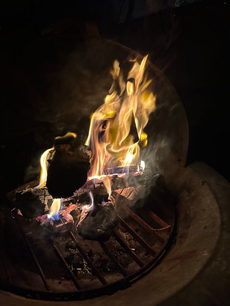 Fire lit in a backyard fire pit. You feel
Reassured, as if there is a bulwark against the coming winter.