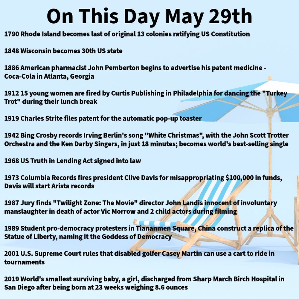 1790 Rhode Island becomes last of original 13 colonies ratifying US Constitution

1848 Wisconsin becomes 30th US state

1886 American pharmacist John Pemberton begins to advertise his patent medicine - Coca-Cola in Atlanta, Georgia

1912 15 young women are fired by Curtis Publishing in Philadelphia for dancing the "Turkey Trot" during their lunch break

1919 Charles Strite files patent for the automatic pop-up toaster

1942 Bing Crosby records Irving Berlin's song "White Christmas", with the John Scott Trotter Orchestra and the Ken Darby Singers, in just 18 minutes; becomes world's best-selling single

1968 US Truth in Lending Act signed into law

1973 Columbia Records fires president Clive Davis for misappropriating $100,000 in funds, Davis will start Arista records

1987 Jury finds "Twilight Zone: The Movie" director John Landis innocent of involuntary manslaughter in death of actor Vic Morrow and 2 child actors during filming

1989 Student pro-democracy protesters in Tiananmen Square, China construct a replica of the Statue of Liberty, naming it the Goddess of Democracy

2001 U.S. Supreme Court rules that disabled golfer Casey Martin can use a cart to ride in tournaments

2019 World's smallest surviving baby, a girl, discharged from Sharp March Birch Hospital in San Diego after being born at 23 weeks weighing 8.6 ounces
