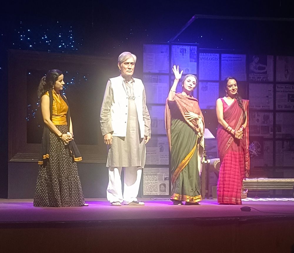 The cast of Autobiography, a play written by Mahesh Elkunchwar appear together on stage at the end of their opening performance. From left to right - Sarah Hashmi, Denzil Smith, Lillete Dubey, Suchitra Pillai. 