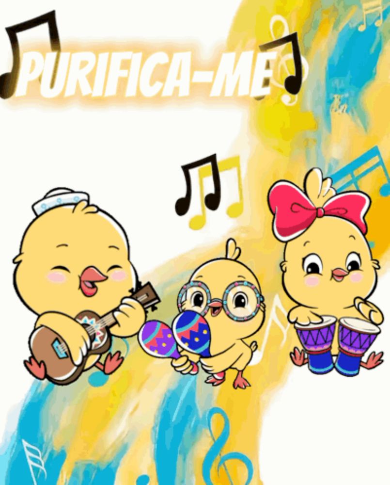 a cartoon of three chicks playing musical instruments with the words purifica-me on the bottom