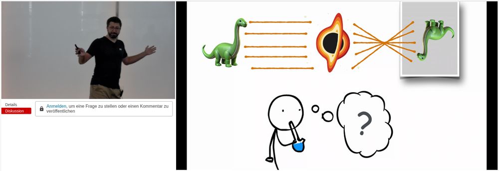 A split screen shows a speaker and a slide with a cartoon diagram of a dinosaur being transformed by passing through a black hole-like shape, with a stick figure cartoon at the bottom.