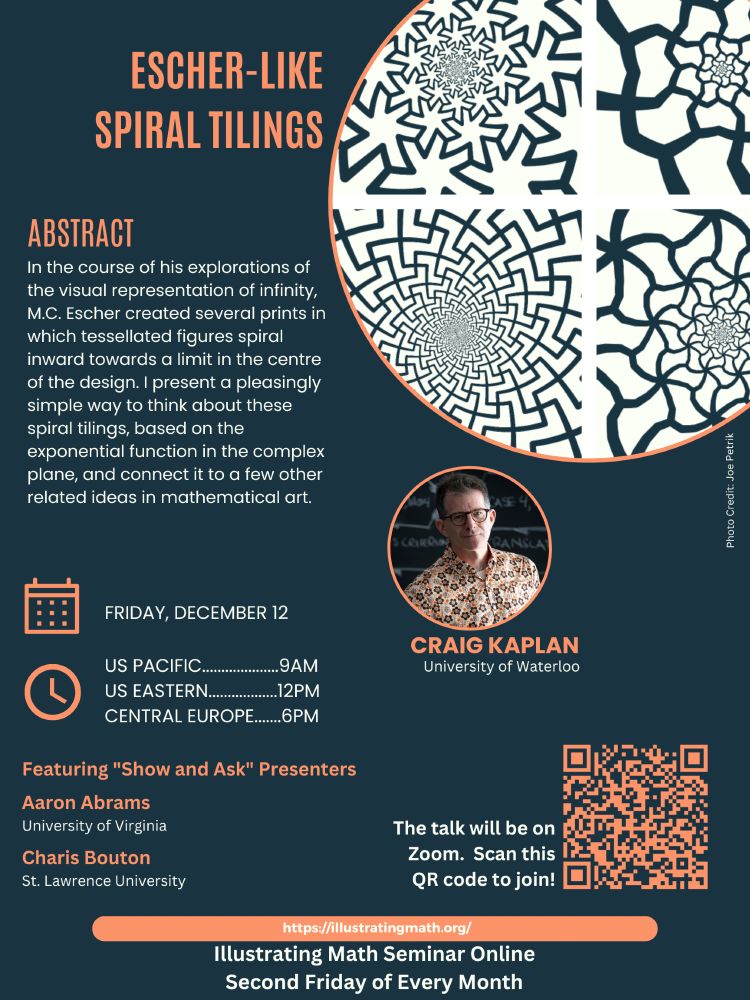 A digital flyer for an online seminar titled "Escher-Like Spiral Tilings." The top right features a circular graphic showing black-and-white spiral fractal patterns. Below this is a photo of the speaker, Craig Kaplan from the University of Waterloo. The abstract explains that the talk presents a simple way to think about M.C. Escher's spiral tilings based on the exponential function in the complex plane.

Event details are listed as Friday, December 12. Times: US Pacific 9 AM, US Eastern 12 PM, and Central Europe 6 PM. The flyer also lists "Show and Ask" presenters Aaron Abrams and Charis Bouton. The bottom includes a QR code to join via Zoom and the website illustratingmath.org.
