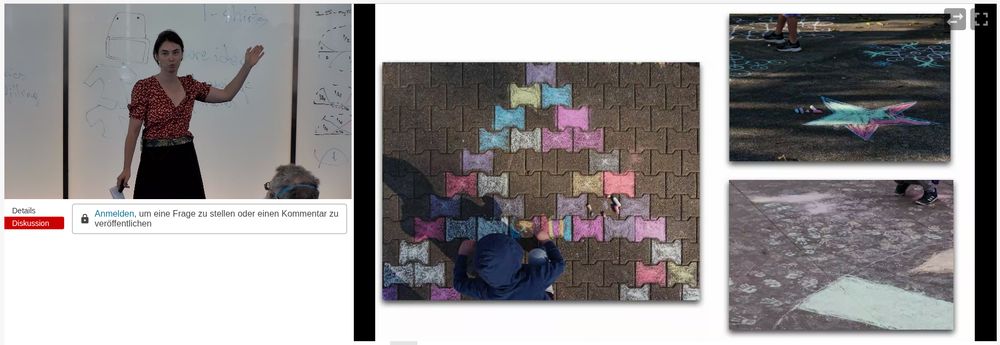 A person is presenting in front of a whiteboard, gesturing with one hand. The screen shows three images of chalk art on pavement. The main image shows a child playing on a colorful chalk pattern of interlocking shapes.