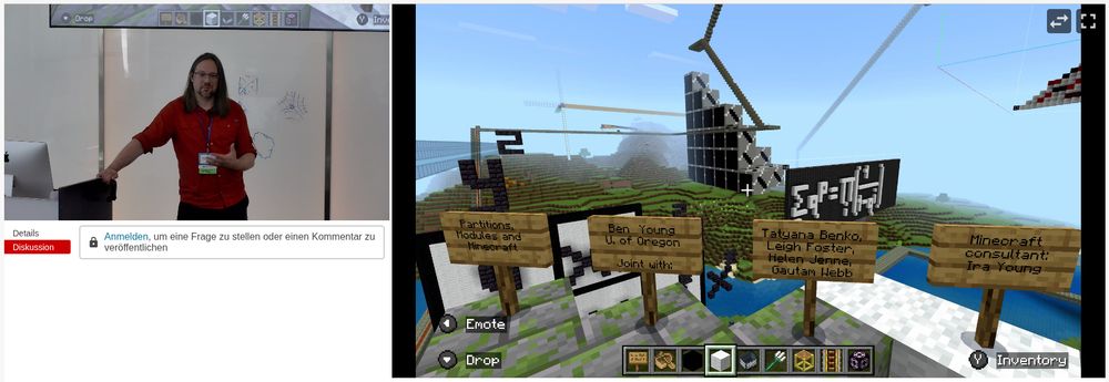 A person is presenting in front of a whiteboard. The screen displays a scene from a video game, likely Minecraft, with several wooden signs in the foreground listing names and affiliations.