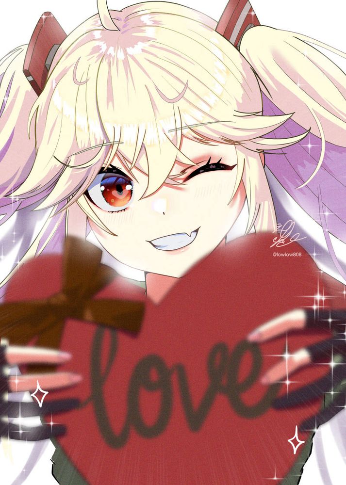 アズールレーンのブリュッヒャーが大きなハートのチョコを笑顔で差し出している。可愛い。