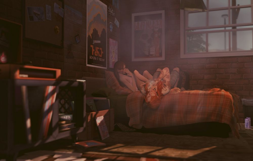 Part of Cain’s room with a view of his bed. Cain is smoking a cigarette with his head hanging over the edge of the mattress. At the moment, Sakuko’s knees are brought up to her chest since Cain is lying high up on the mattress and giving her no room to straighten her legs out. The room has brick-patterned walls and various posters. To the left is Cain’s record player and a crate full of vinyl records.