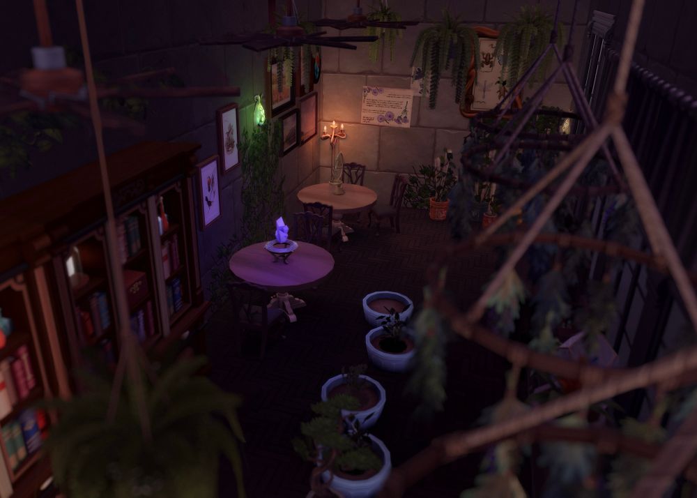 Greenhouse area of Magic HQ. It has a few bookshelves, planters, dried herbs, and ceiling fans. 
