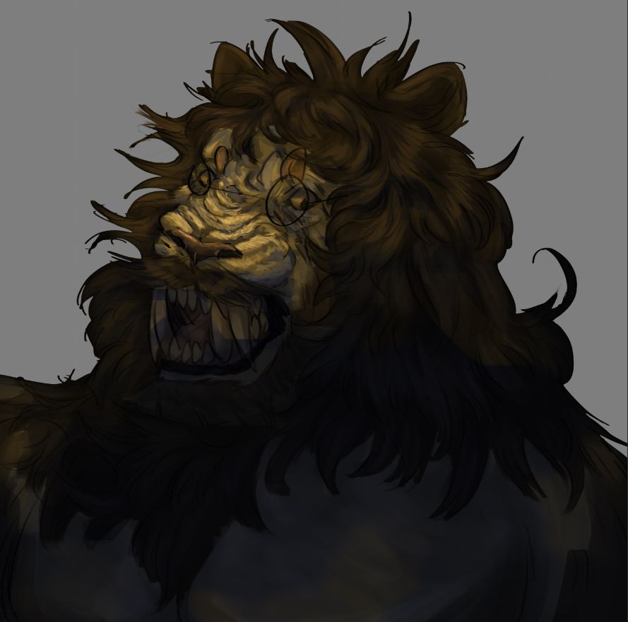 lion with glasses looking to the right confused 