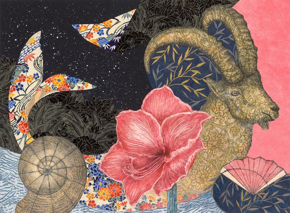 “Capricornus.” Horizontal image. An Alpine Ibex goat’s head with large curved horns faces right, and is printed on gold botanical patterned paper. Its brightly colored patterned bottom half /fish tail curves up to the left. The Capricornus constellation, a stylized butterfly-ish triangular shape, is in the top center, with the same patterns as the fish tail. The background is starry black and has botanical black patterns that suggest waves. An Archimedean spiral shell shape with twelve radiating lines rests on the left bottom, in front of the tail, with blue water patterns behind it and under the goat-fish. A large red Amaryllis is in full bloom in the foreground center, with small gold and silver leaf patterns emerging from the top. A small fan with ten of its twelve panels a coral red color, is in the bottom right, with the same curving leaf pattern below it. The far right side is the same coral red color. Original monotype, analog collage, 2025, by Anita Heckman. www.anitaheckman.com