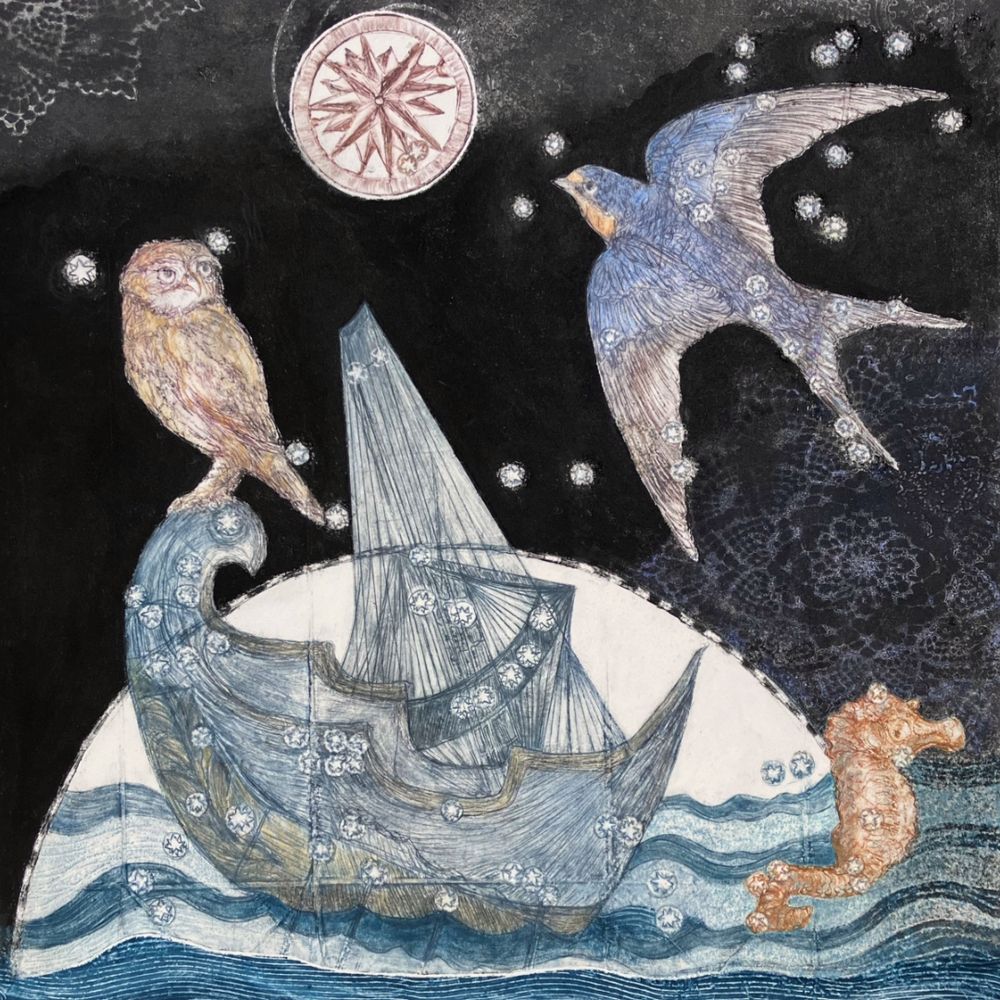A Little Owl is perched on the masthead of a ship. There’s a black starry sky. A large moon is rising behind the ship, and a seahorse is floating next to it. A giant swallow flies up toward a mariner’s compass. These five constellations are no longer recognized. The current 88 northern constellations were established in 1922 by the International Astronomical Union to make a universal pattern for astronomers. Original monotype and tetrapak drypoint, 2025, 12”x12” by Anita Heckman. Available soon at https://www.anitaheckman.com/ Inquiries welcome.