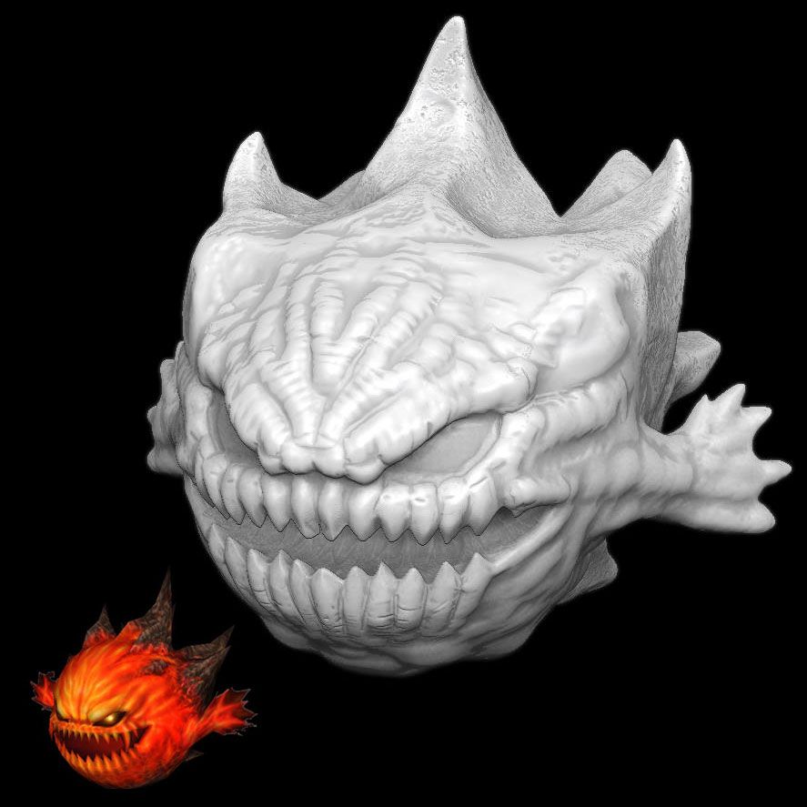 On the bottom left is a reference image of a floating fire creature from Final Fantasy X called "Bomb". The creature casts fire spells, grows in size, and eventually explodes. Its reminiscent of an evil jack-o-lantern, with furrowed brow and menacing sharp toothed grin. It has two stubby little arms, its eyes are black with glowing yellow pupils. It is mostly red and yellow, with black rocky spikes protruding from the top and back of its head. Next to it is a digital sculpture of the same thing, it is white with no colour applied.