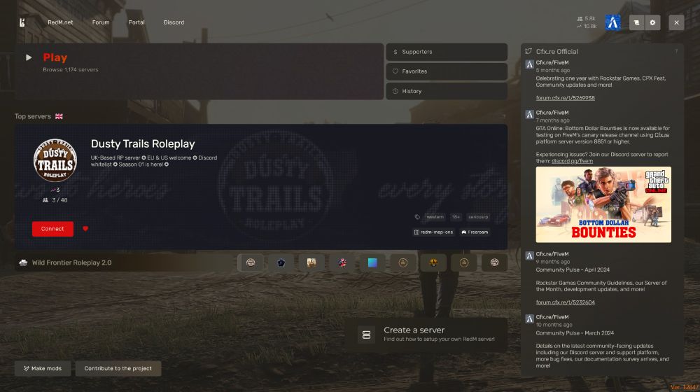 RedM main menu screen (in-launcher) 