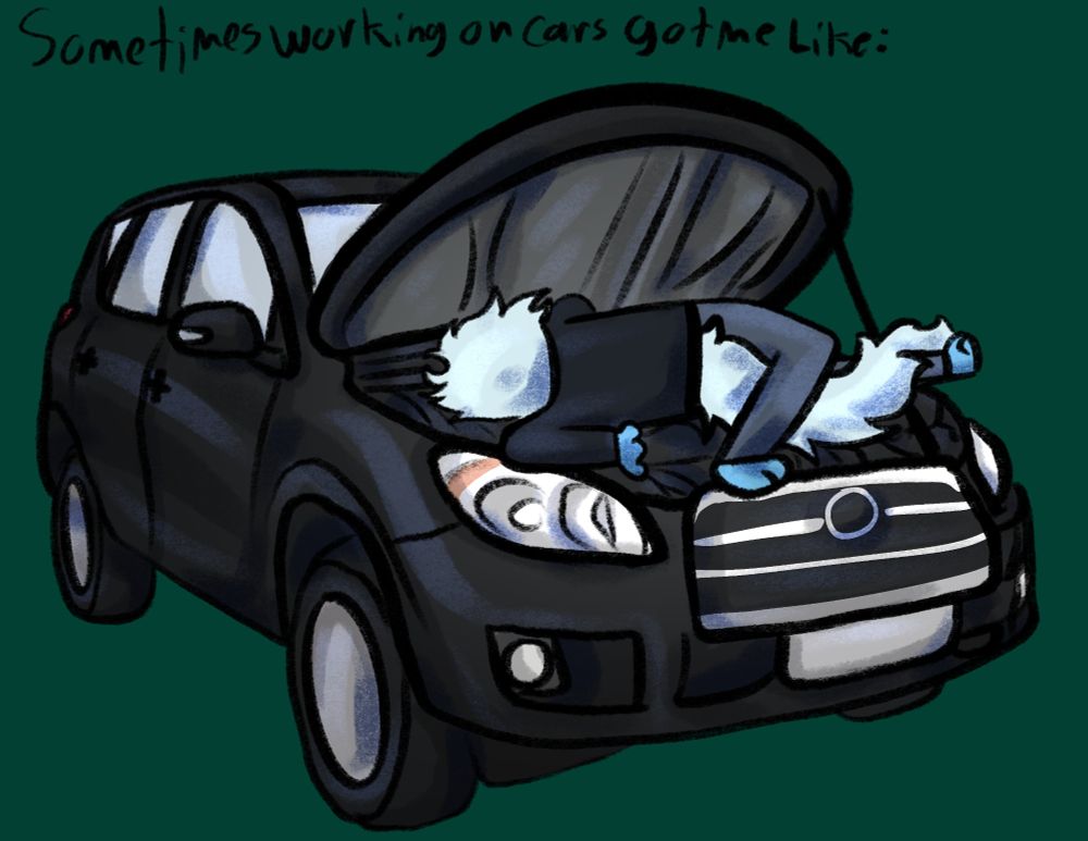 A blue and white anthro character in jeans and a long sleeve, doing the family guy death pose, lays in the engine bay of a black Honda CR-V. Text is written above that says, "Sometimes working on cars for me like:"