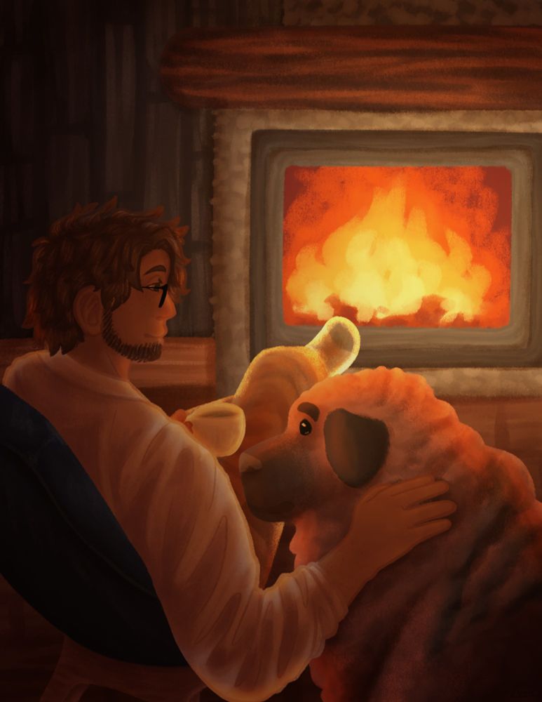 A man with brown hair, beard and glasses wearing a white sweater, khakis and socks sits in front of a fireplace with his pet, a large and very furry brown dog, drinking a cup of tea. The atmosphere is incredibly warm and inviting.