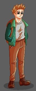 Pixel art of a white guy with short blonde hair, hazel eyes, a gray T-shirt, green Letterman's jacket, khaki pants, brown boots and a tan backpack. While he's not the same style as Fields of Mistria it's done in a similar pixel scale for a fullbody character sprite.