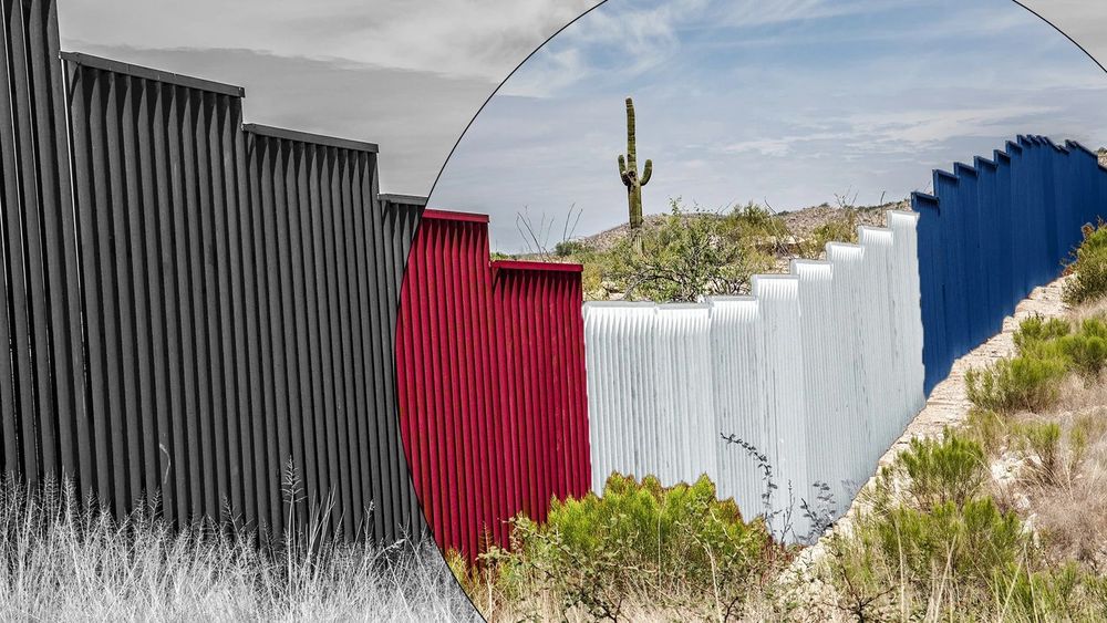 U.S.-Mexico border wall, with one segment photo edited to have the colors red, white, and blue