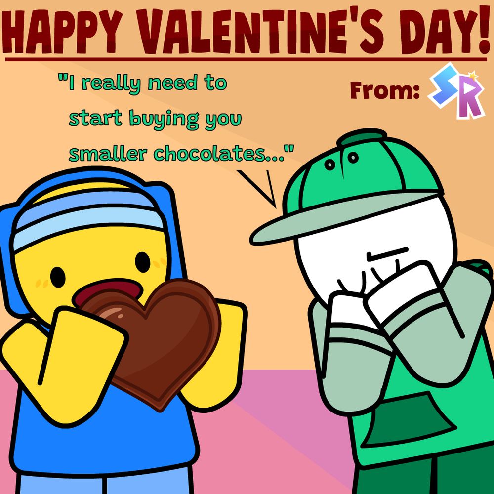 An image depicting Will on the left, and AJ on the right from the series "Sub-Space Reality". Will is unhinging her jaw to eat an entire large chocolate heart, while AJ mutters "I really need to start buying you smaller chocolates..." with his face in his hands.