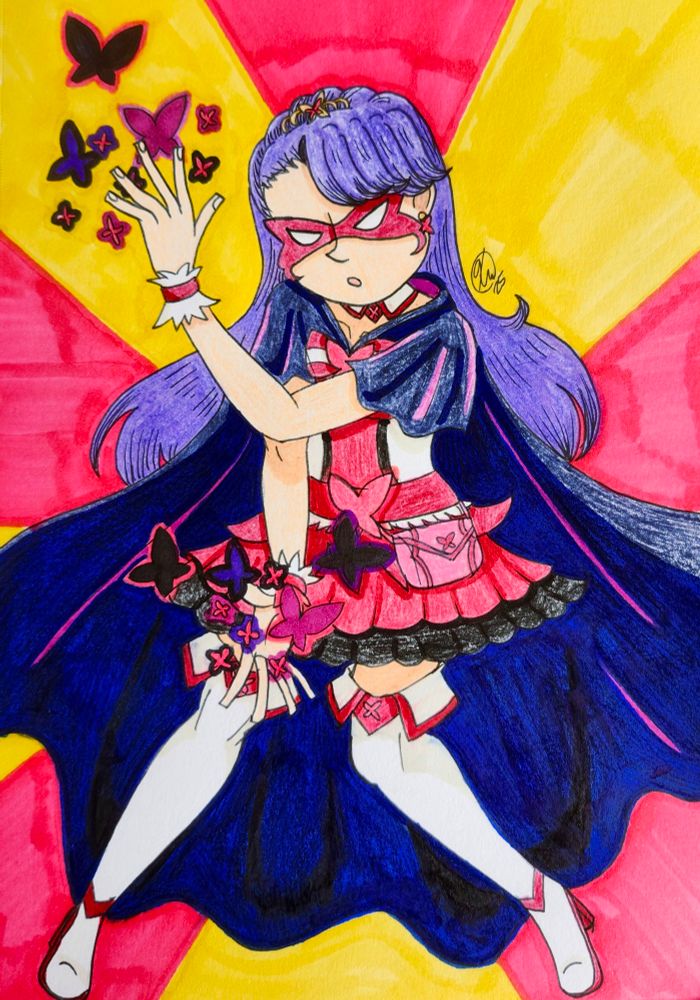 An artfight attack on ~neropulsar of their character Vanessa Argos/Cure Psyche. She is a 15 year old girl with purple hair, a red magical girl outfit, a purple cape and a red mask obscuring her eyes.