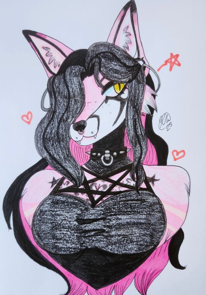 An artfight attack on ~MIATIICA of their fursona huniepop. She is a pink furred red fox with long back hair, yellow eyes, and black and white patterns in her pink fur.