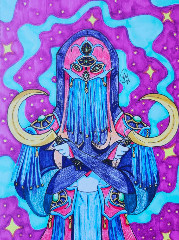 An artfight attack on ~Banoffeespy of their character Remhariel. They are a Fey Circle of Dreams Druid wearing an intricate red and blue outfit, with a mystical mask obscuring their face.