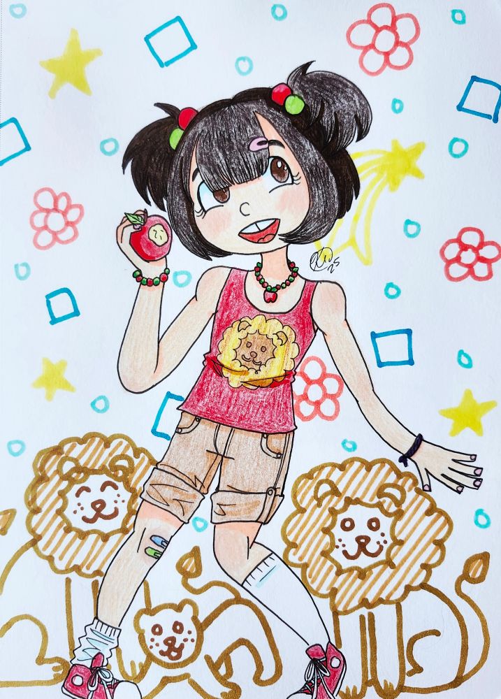 An artfight attack on ~24997petergabriel of their character Doru-chan, a young girl with short black pigtails, brown eyes, a red tank top with a lion on it, and brown khakis.