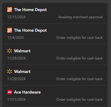 Screen shot of purchases that were supposedly eligible for cash back rewards being marked as ineligible.