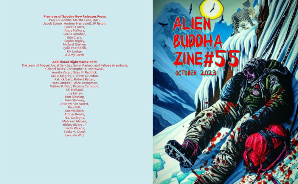 Front cover of upcoming Alien Bubbha zine number 55 showing a bloody mountaineer on an icy slope and listing the authors.