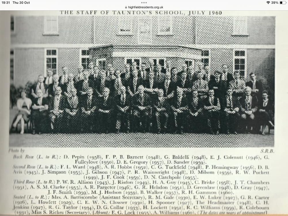 Pic of the school staff at Taunton’s School Southampton in 1960 (from the Highfield Residents association.