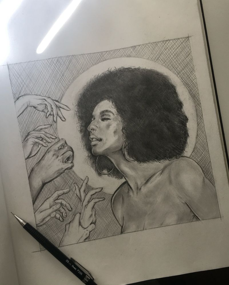 Pencil drawing of a black woman with an afro with hands reaching out to her from the left. The book has a mechanical pencil in the left corner and a beam of light on the top left.