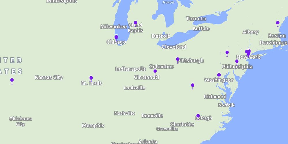 Partial map of the USA with purple dots in places like Kansas, St Louis, North Carolina, Pittsburgh, Chicago, Grand Rapids, and several places in the northeast.
