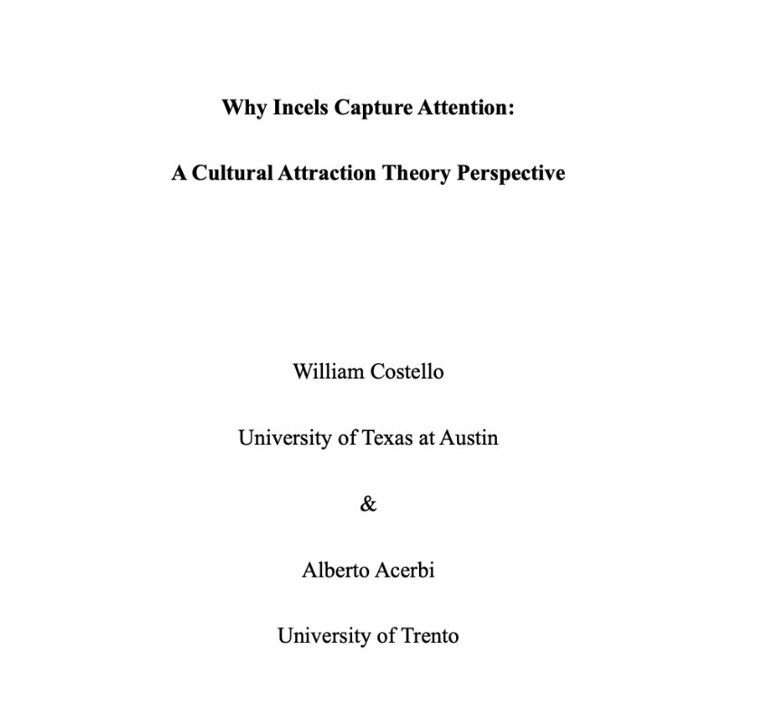 Why Incels Capture Attention: A Cultural Attraction Theory Perspective
AUTHORS
William Costello and Alberto Acerbi