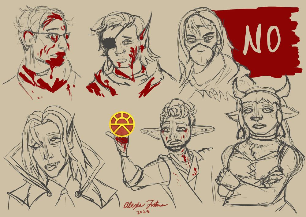 From top left clockwise:  a bloodied human wizard NPC being consoled by a bloodied elven cleric, a frowning tiefling wrapped in bandages with the giant word "NO" beside him, a female satyr with her arms crossed and rolling her eyes, a beat up halfling monk raising his hand in a censored offensive gesture, and a dhampir with long hair biting his lip oh so demurely