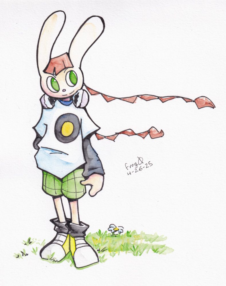 A watercolor and ink illustration of Mimi, a rabbit girl from the Pop'n Music series by Konami/BEMANI SOUND TEAM, standing in some grass.