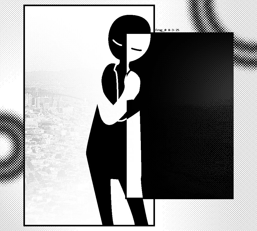 An abstract illustration depicting two figures embracing (or one figure embracing itself) across two panels.
