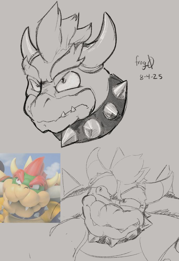 Two sketches of Bowser, from the Super Mario series, done on Bowser Day. Both headshots, the top one with an angry expression and the lower one with a puzzle expression.
