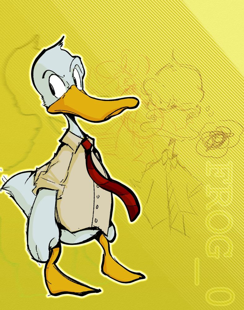 An image of a cartoon duck, dressed in business casual, against an abstract background.