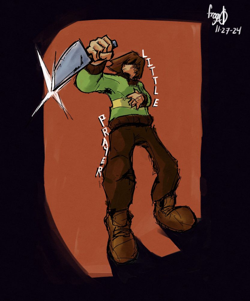 A painting of Kris from Deltarune, holding a knife in dramatic perspective. The text "little prayer" is written.
