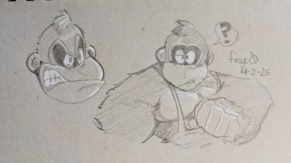 A sketchpage containing two drawings of Donkey Kong on gray toned paper. The drawing on the left depicts DK with an angry expression, while the drawing on the right shows DK (wearing his new overalls as seen in the trailer for "Donkey Kong: Bananza") lounging, looking at the viewer with a puzzled expression while chewing on something.