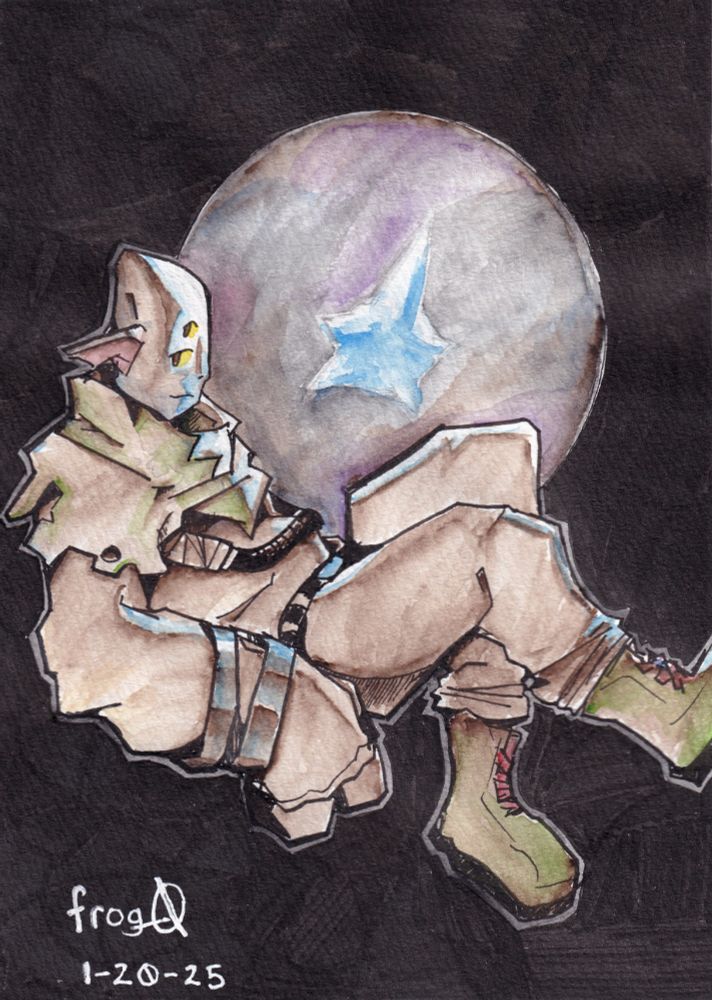 A Hearthian from the game Outer Wilds floating in front of a window showing outer space, a blue star in the distance casting harsh light.
