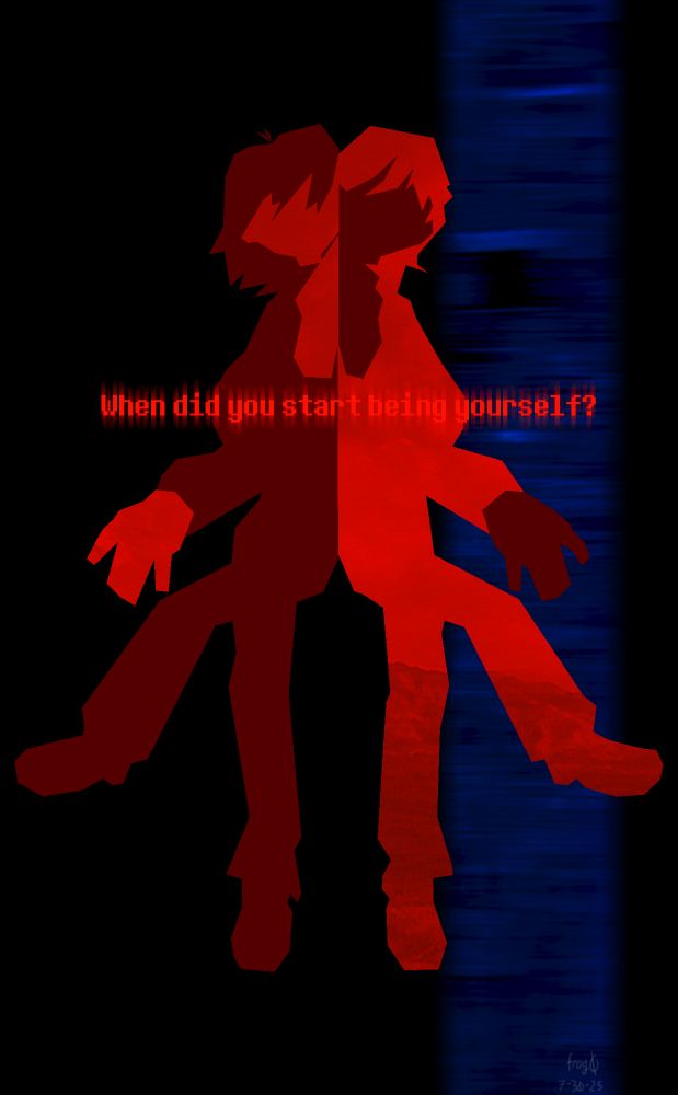 An abstract drawing of Kris and the Vessel. Overlaid is the text "When did you start being yourself?"