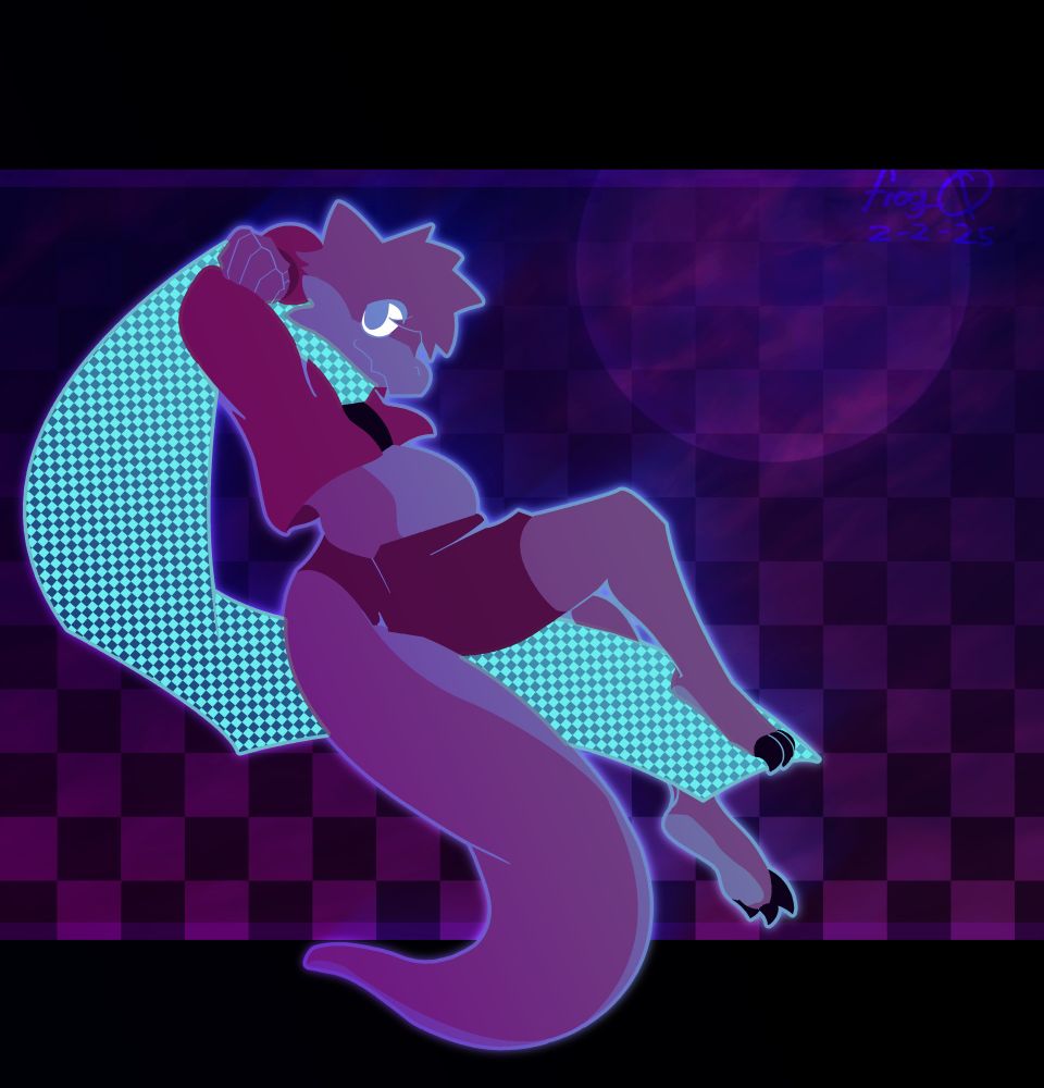 A very purple illustration of an anthropomorphic dragon with a long scarf lazing against a checked background containing a full moon.