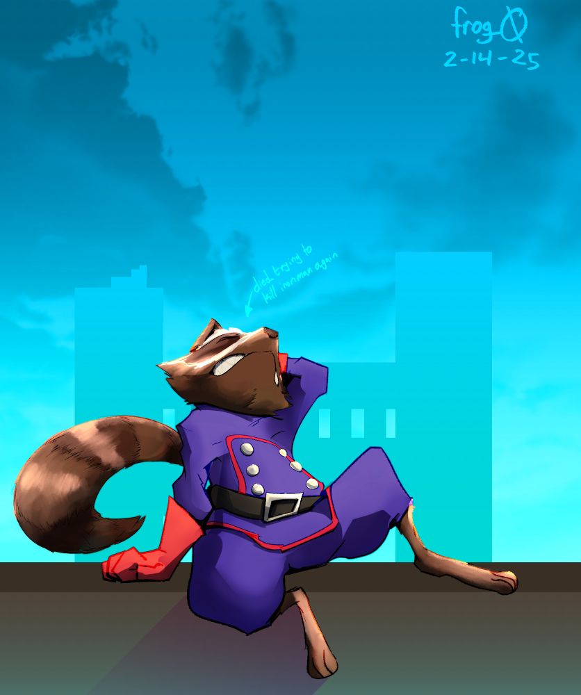 An image of a frustrated Rocket Rackoon against an abstract, blue-toned city skyline. He's grimacing, looking up with gritted teeth, lamenting getting solo ulted by Iron Man's MAXIMUM PULSE for the fifteenth goddamn time that round.