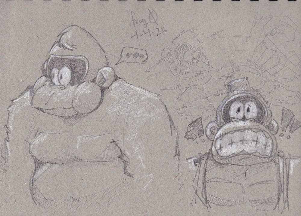 Two sketches of Donkey Kong on gray-tone paper. The sketch on the left is DK with a mouthful of banana, looking off to the left. The sketch on the right is DK with a terrified expression.