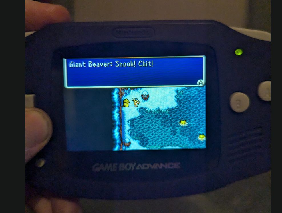A Gameboy advance showing a scene from Final Fantasy II with the protagonist talking to a beaver