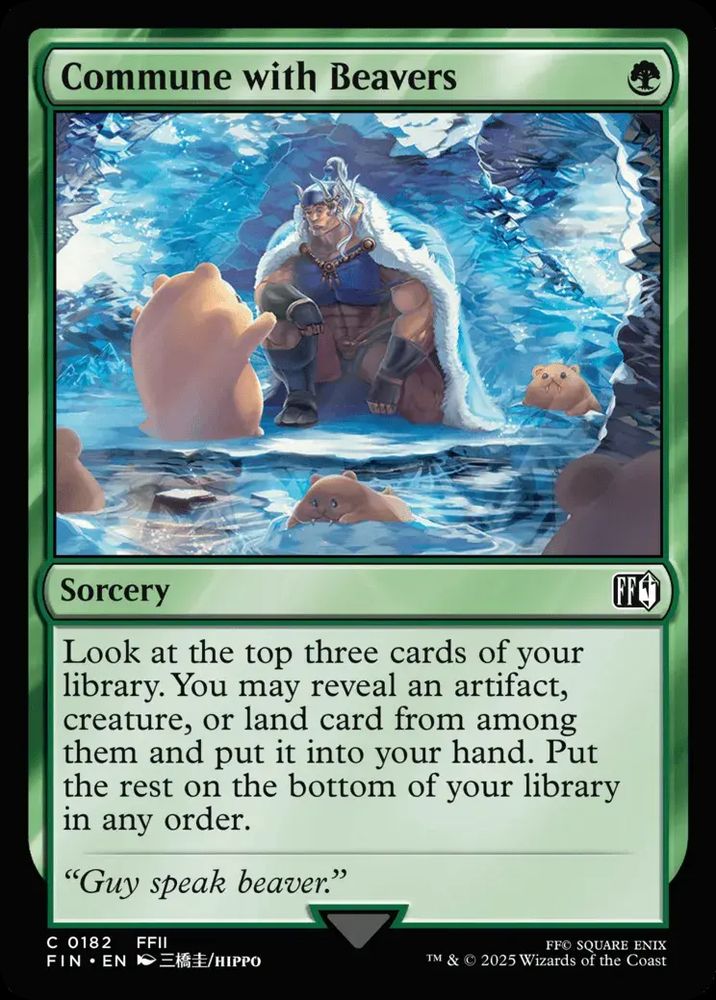 The "Commune with beavers" card from the Final Fantasy Magic the Gathering set