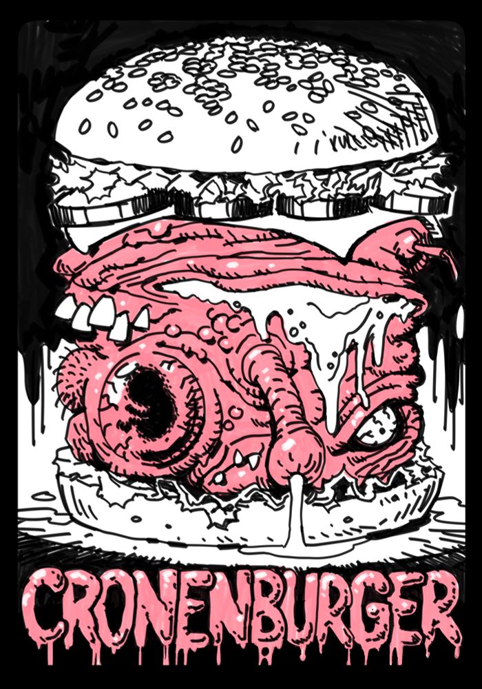 A cartoon sketch in marker pen on a whiteboard. A drawing of a hamburger, but with a David Cronenberg twist - the meat of the burger is a grotesque amalgam of fleshy growths, displaced body parts and oozing orifices. Caption: CRONENBURGER