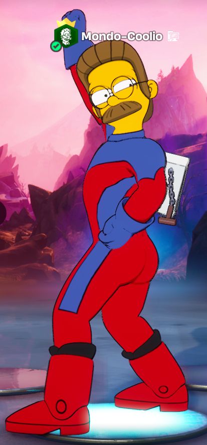 A screenshot from Fortnite showing Ned Flanders from The Simpsons in his Stupid Sexy Flanders outfit mid-emote with his greatest assets on full display.