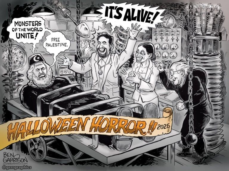 A Ban Garrison comic portraying Zohran Mamdani, Bernie Sanders, and Alexandria Ocasio Cortez frankensteining pro-Palestine Karl Marx 