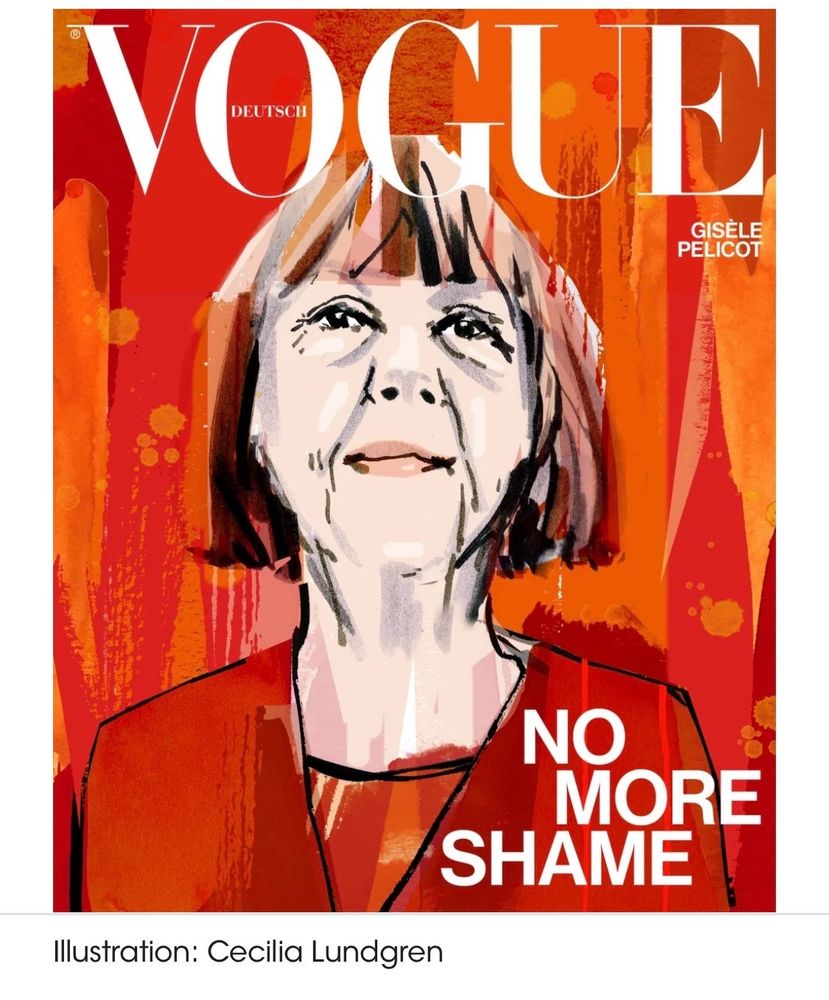 Couverture de Vogue présentent un portrait de Gisèle Pélicot dans des tons rouges, avec en légende « no more shame » 