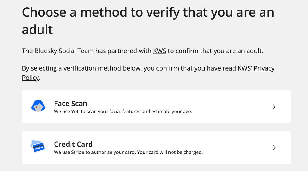 Choose a method to verify that you are an adult

The Bluesky Social Team has partnered with KWS to confirm that you are an adult.

By selecting a verification method below, you confirm that you have read KWS’ Privacy Policy.

Face Scan
We use Yoti to scan your facial features and estimate your age.
Credit Card
We use Stripe to authorise your card. Your card will not be charged.